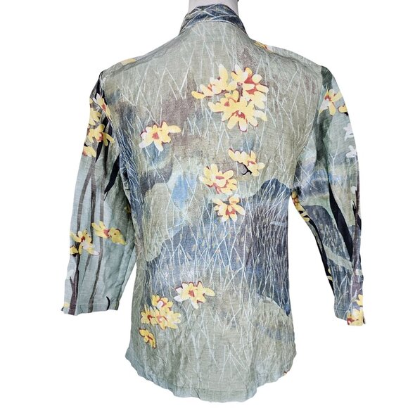 Citron Watercolor Floral Linen Silk Button Up Shirt XS Mandarin Collar Coastal - Picture 3 of 9